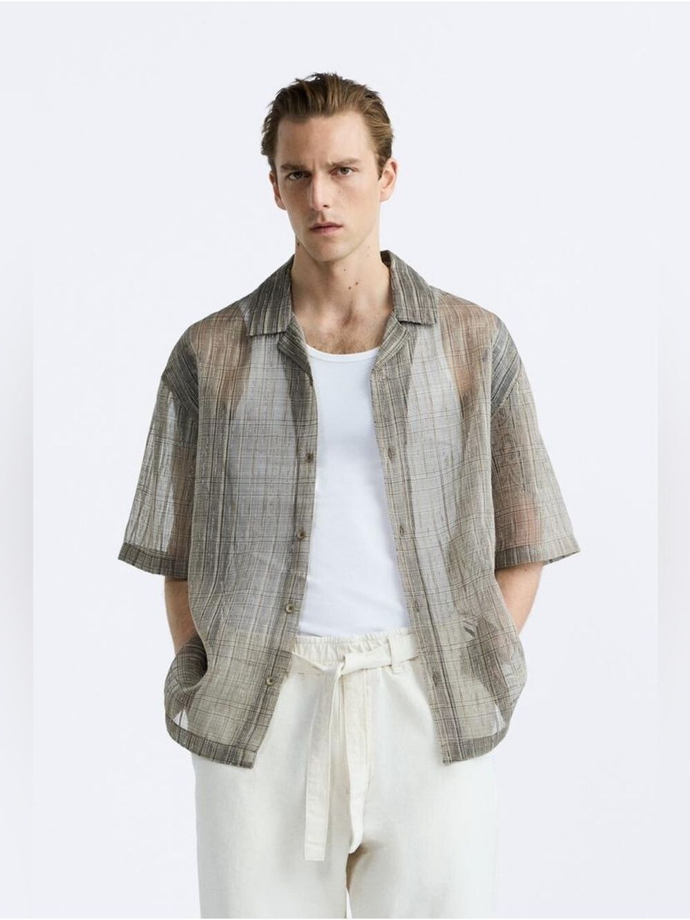 Zara Textured Short Sleeve Button Up XL Neutral Stripe Loose Fit Resort Shirt